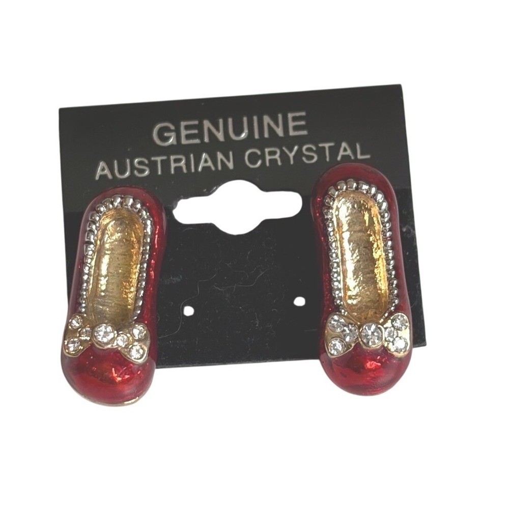Red Ruby Slipper Ballet Flat Stud Earrings Austrian Crystal Gold Tone Enamel